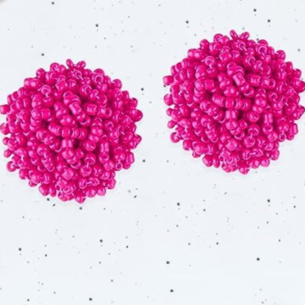 Dark Pink Pom Pom Beaded Big Puff Post Earrings 1" Round Seed Bead Bohemian New